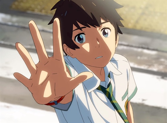 Taki reaching for Mitsuha's boobs, probably. He loves feeling her boobs.